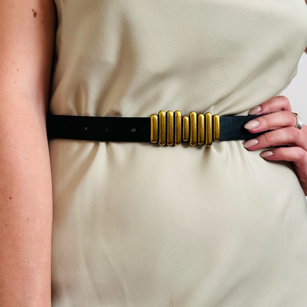 New Elegant Faux Leather Black Belt with Brushed Gold Accent Buckle - Picture 5 of 5